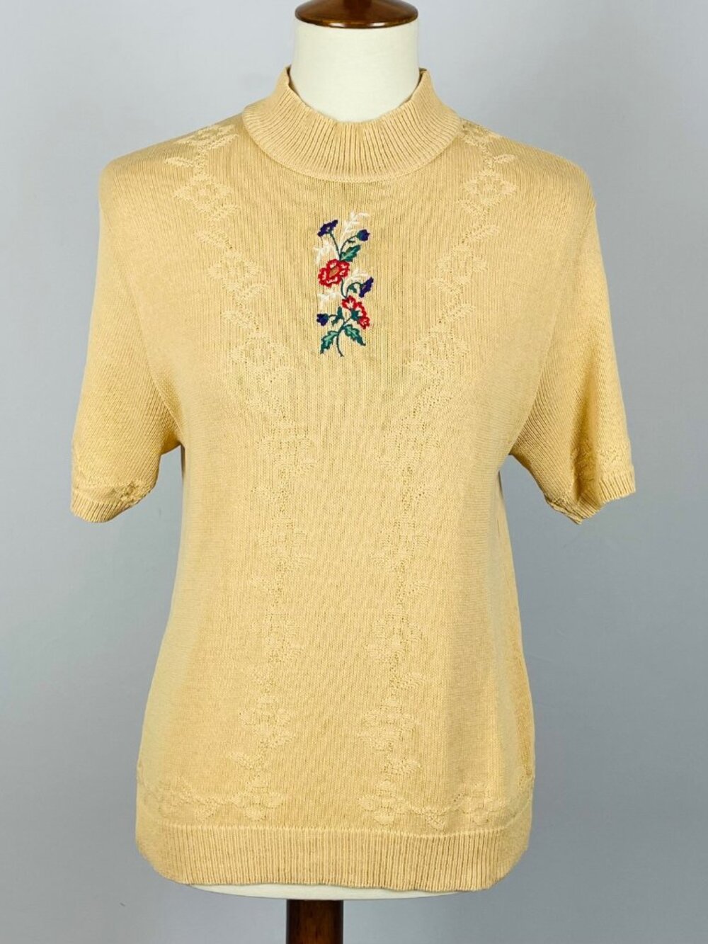Vtg 90s Floral Intarsia Mock Neck Sweater Sz M Butter Mom Cottagecore Country